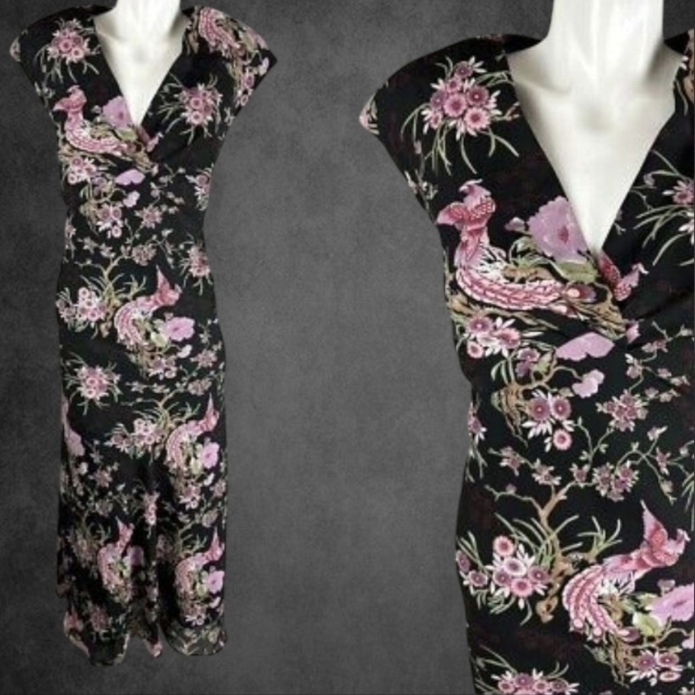 Vintage Lily Oriental Floral Phoenix Dress P/L Black Pink Mesh Overlay Y2K Midi - Picture 2 of 10